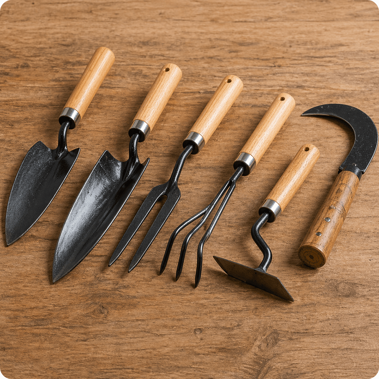 Sekop tangan, garpu, dan alat kecil kebun untuk kategori alat pertanian.