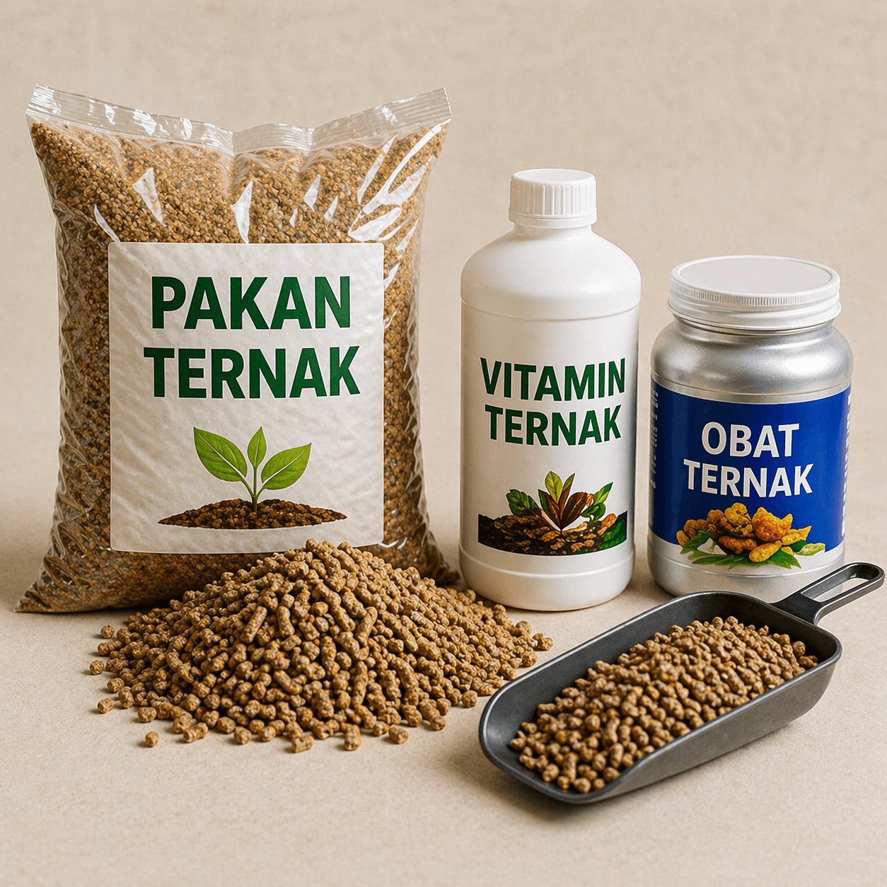 Pakan ternak, vitamin ternak, dan obat ternak untuk kategori peternakan.