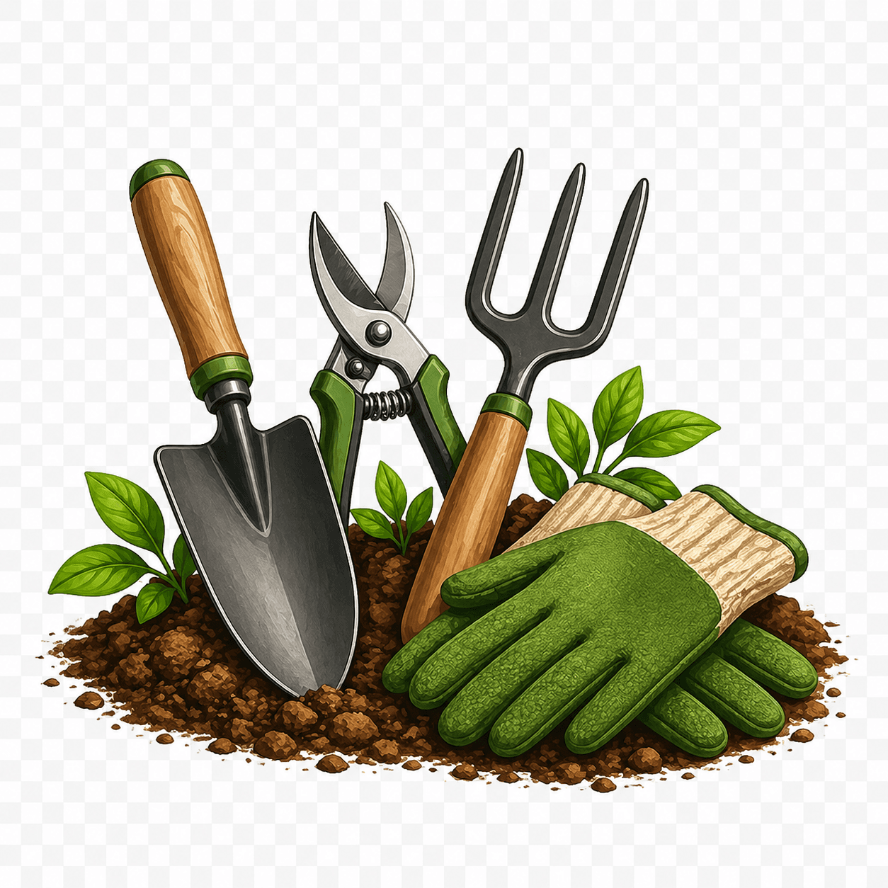 Sekop tangan, garpu, dan alat kecil kebun untuk kategori alat pertanian.