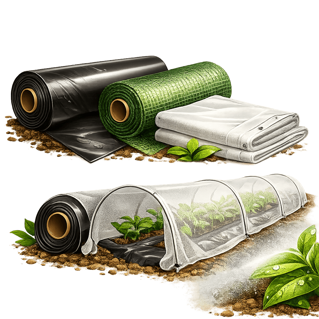 Mulsa plastik dan shade net untuk kategori mulsa dan pelindung tanam.