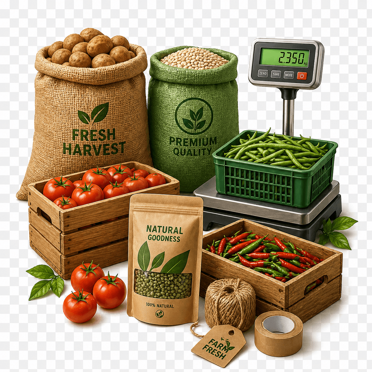 Timbangan, karung, plastik, dan crate untuk kategori pascapanen dan kemasan.