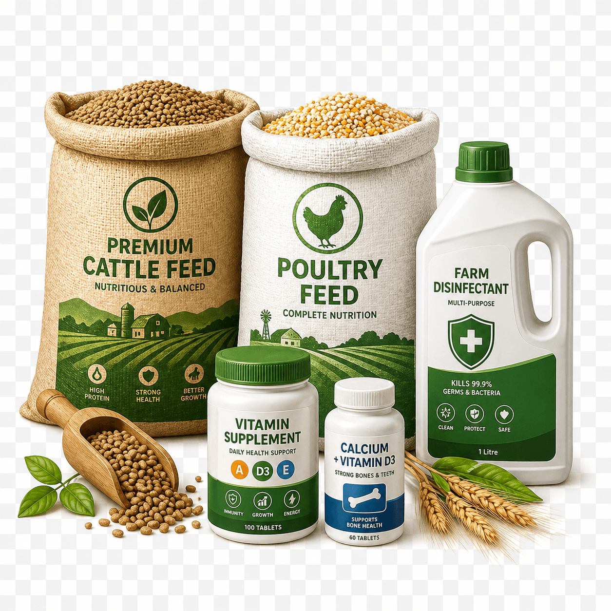 Pakan ternak, vitamin ternak, dan obat ternak untuk kategori peternakan.